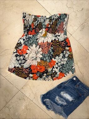 Roxy Strapless Floral Camisole - White, Orange, Green, Black